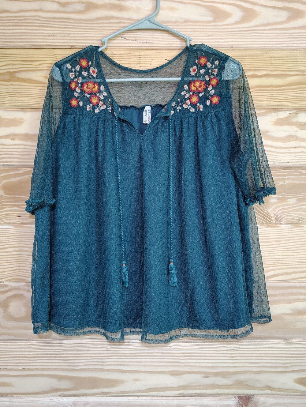 Mudd Green Embroidered Top XL Peasant Lace Sheer Sleeves Shabby Chic Popover